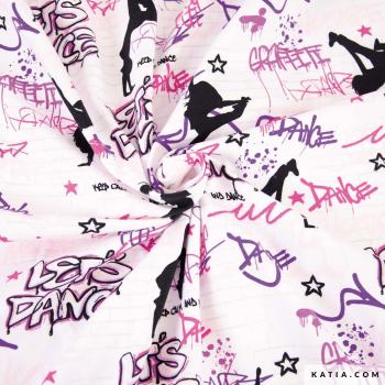 Baumwolljersey mit Let´s Dance Motiven in Rosa/Lila/Schwarz auf Weiß
